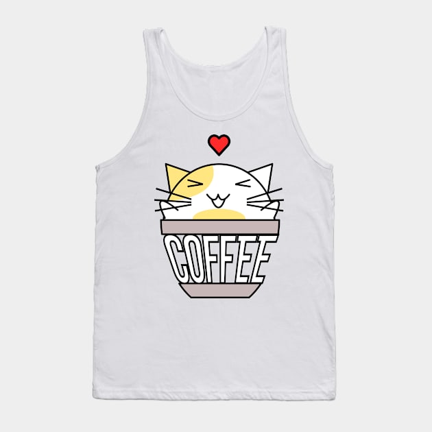 Happy cat in coffee cup with warped text heart on head yellow Tank Top by coffeewithkitty